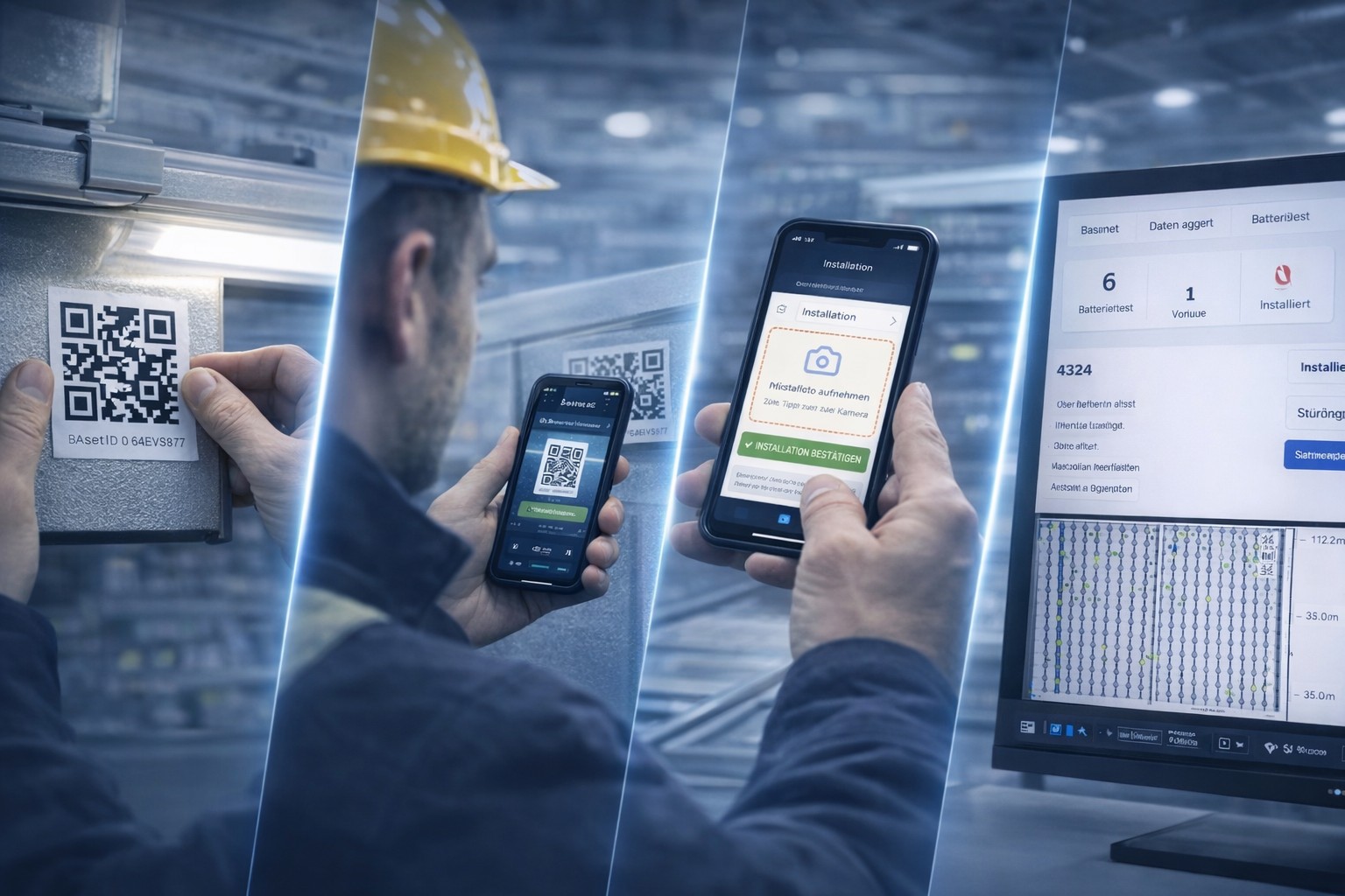 Ablauf von QR-Code anbringen, Installation dokumentieren, Wartung erfassen und Dashboard-Übersicht